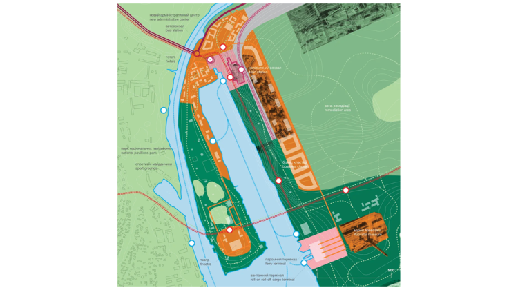 A rendering of the unnamed peninsula in Maripol, envisioning how the space could be transformed to be part of green space, a transportation network, and space for the public use. 