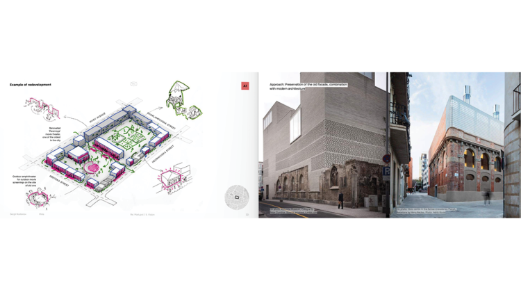 Screenshot of two pages from Serhiy Rodionov’s team’s presentation “Re: Maripol.” the left page features examples of redevelopment sketched over an existing screen, shown at scale and from an isometric point of view. The right page shows an example, from Switzerland, of multi-use, human-scale and dense housing development.