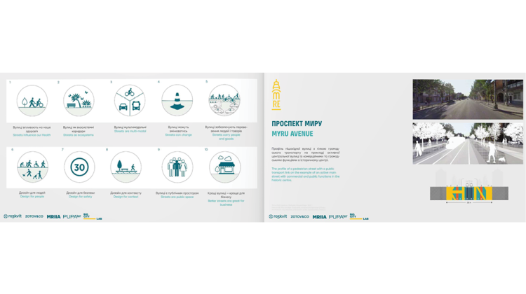 A screenshot of two pages from United Urban Vision’s presentation “Re: Maripol.” the left page features icons highlighting the principals of their vision: healthy streets, greenspace incorporation in mobility networks, multimodal transit systems, plasticity in streets, multiuse streets, people oriented design, safety oriented design, context based design, and streets that support local business. The right page shows an existing image of a street, Muryu Avenue, and demonstrates how planners could implement c