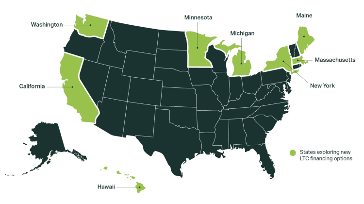 Map of the US with the states of WA, CA, MN, HI, MI, NY, MA, MN highlighted in light green