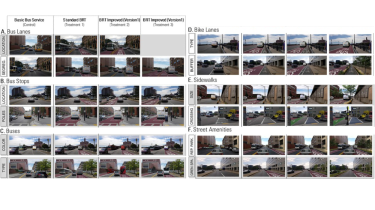 Four columns that show differences in basic bus service, standard BRT, and two improved BRT examples on various elements such as bus lanes, bus stops, bike lines, sidewalks, and amenities