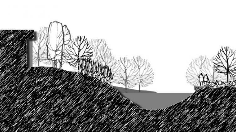Drawing of a river, shown as a cutout of a cross section, allowing viewers to see topography 
