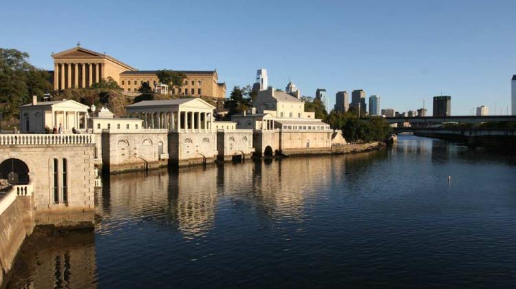 Image of the Philadelphia water works, taken from the perspective of being in the Schuylkill