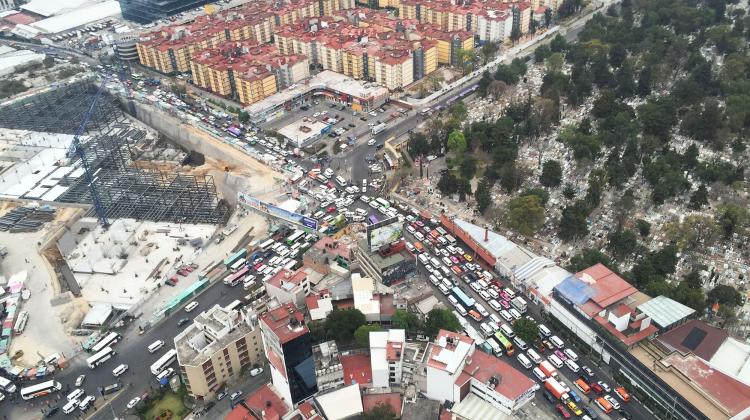 Traffic backs up amid construction at the Cuatro Caminos metro station in Mexico City
