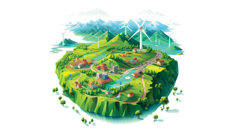 Vector illustration of wind turbines in the mountains overlooking a small town in the valley. Credit: Anushree Chaudhuri.