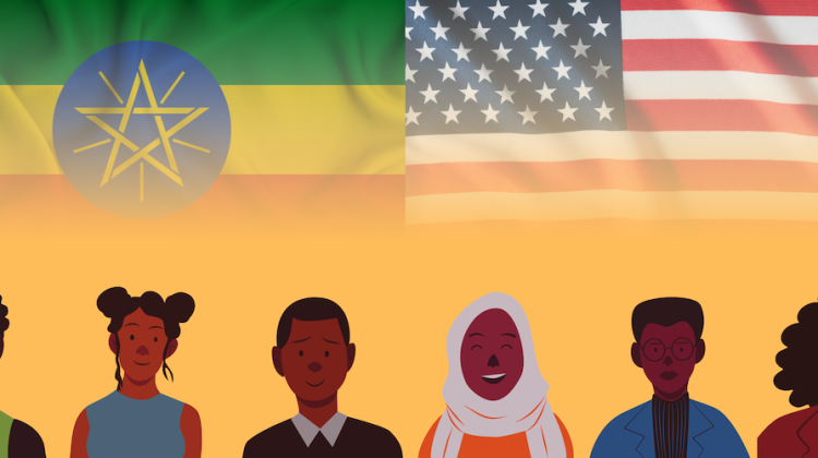 A group of Ethiopian-Americans standing in front of a background that fades into images of the Ethiopian and United States flags.  Illustration made using elements via Canva.com