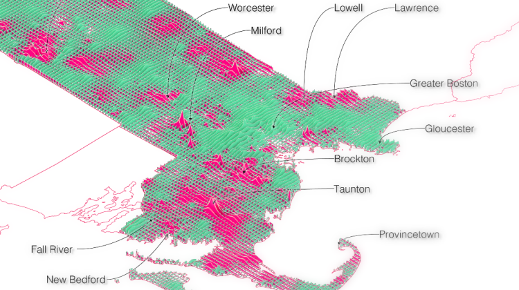 Map of Massachusetts with a green field and red spikes to indicate density in cities