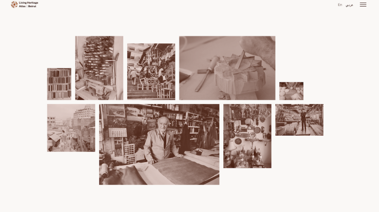 Screen shot of the Living Heritage Beirut website, a white background with ten images centered and laid out in an organic format. The images highlight submissions for the project and are tinted sepia.