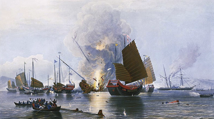 1843 painting of a naval battle, depicting the destruction of Chinese war junks