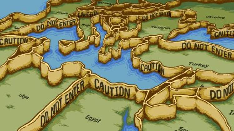 Cartoon of countries surrounding the Mediterranean Sea, seen from the view of Africa. All the borders of each nation have raised walls with "Do not enter" and "caution printed" on them.