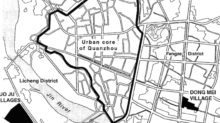 Map of the urban core area of Quanzhou, shows major roads, the Jin river, various villages and districts.