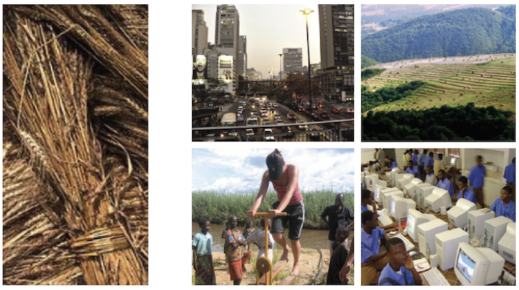 Collage of images, on the left are bundles of a grain, followed by a grid of four images: a cityscape with traffic, a tiered agricultural area, a person tapping a well, and a computer class