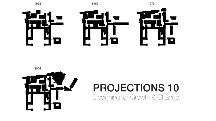 Screen shot of a portion of the cover of Projections Ten, shows the evolving footprint of MIT around Killian Court