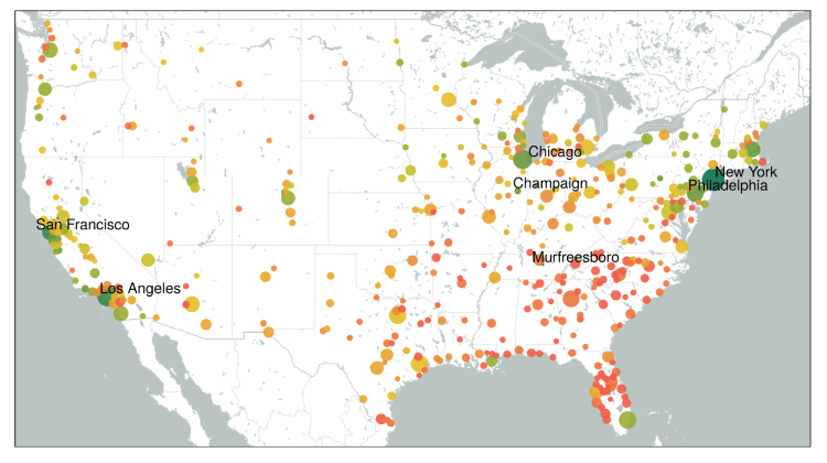 Map of the CONUS, with dots representing the population in millions for various cities, the population dots are colored to indicate the number of fifteen minute trips within the city