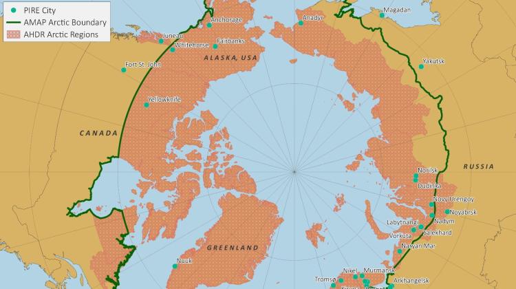 Map of the Arctic and PIRE cities with a shaded area of AHDR Arctic regions