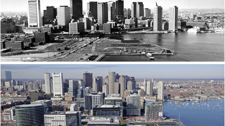 Two images of the City of Boston, the top is in black and white and shows an older period of development before the Bid Dig, the second shows the infrastructure that has filled previous highway spaces after the Big Dig