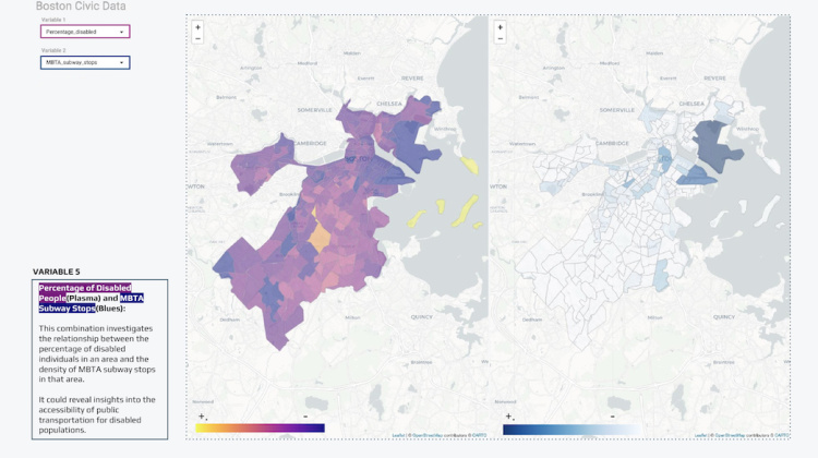 Two maps of the Boston area, one showing a gradient representing the percentage of the population that is disabled and the other showing access to MBTA stops.