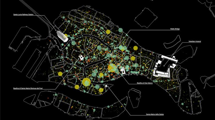 Venice and the nearly ubiquitous presence of short-term rentals (yellow circles), restaurants (light green circles), and tourist-oriented stores (orange circles), such as souvenir and high-end designer stores. © Carmelo Ignaccolo, 2023