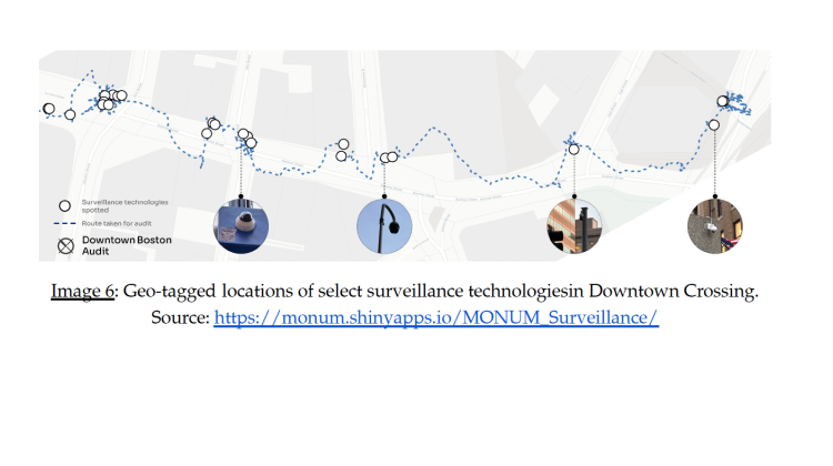 Screenshot from "Ob-serve" visualizing example surveillance audit conducted in Downtown Crossing in Boston