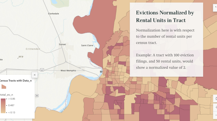 Screenshot of storymap showing evictions normalized by rental units in census tracts of Memphis, Tennessee.