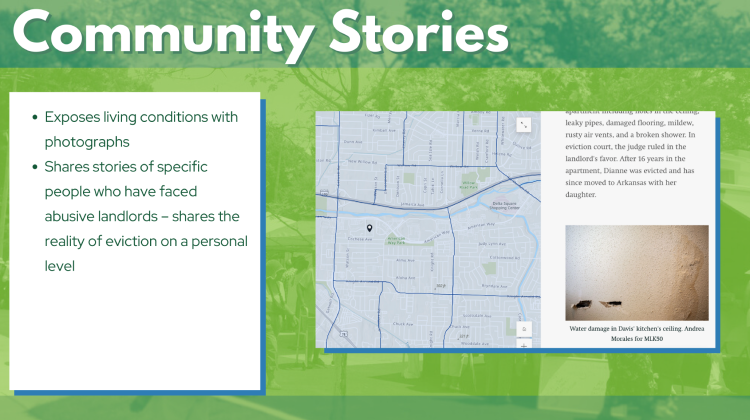 Screenshot of storymap showing stories of people who have experienced poor living conditions and abusive landlords  Image